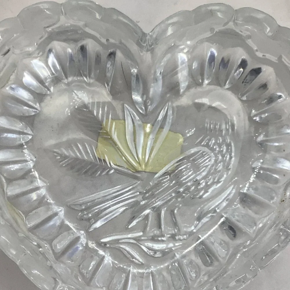 Vtg ECHT BLEIKRISTALL Lead Crystal Heart Shape‎ Bird Etched Candy Dish Germany